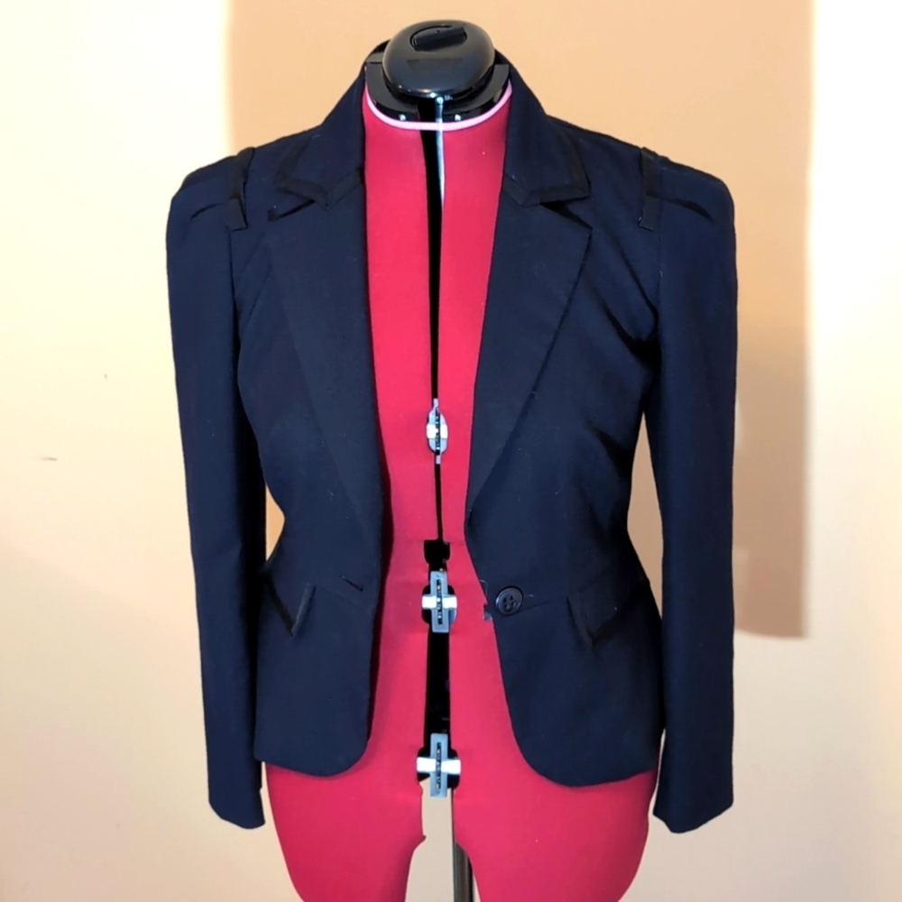 Trina Turk| Navy Blue Wool Blend Blazer Jacket With Black Trim Has Side Pockets